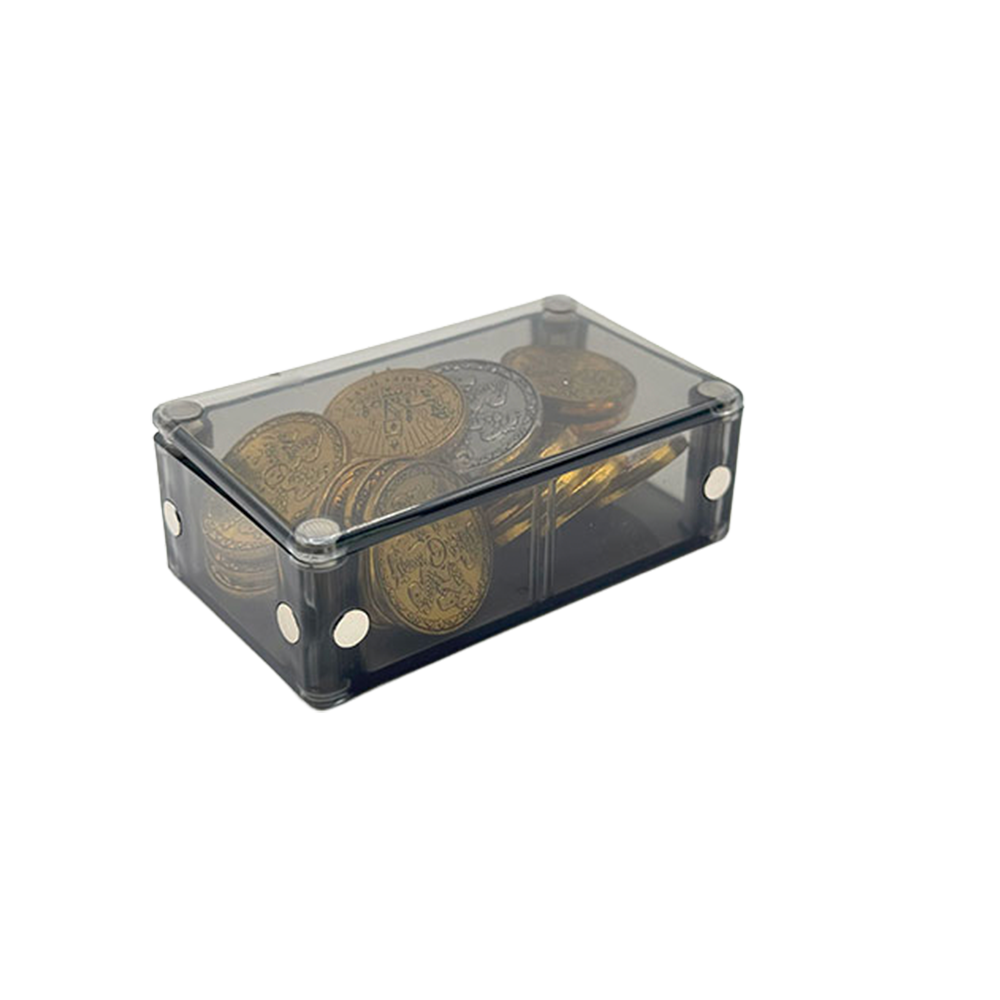 A closed Single full of metal coins, visible through the lid